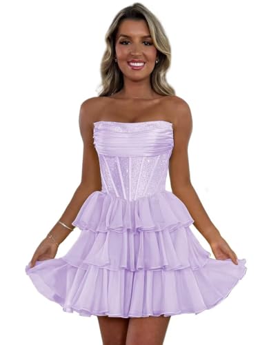 Tulle Tiered Homecoming Dresses 2025 Strapless Sequin Corset Prom Gowns Short Cocktail Dress OE16