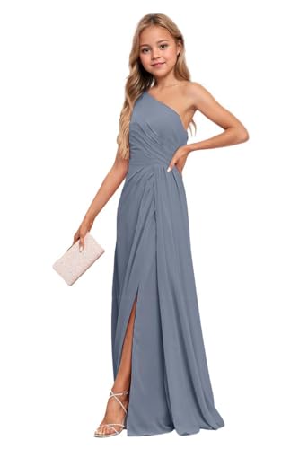 Junior Bridesmaid Dresses One Shoulder Chiffon Flower Girl Dress for Teen Girls Long Party Pageant Gowns Dusty Blue Size 8