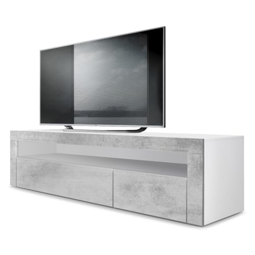 Vladon Mueble TV Valencia, Cómoda TV con 1 Compartimento Abierto y 2 Puertas abatibles, Blanco Mate/hormigón Oxidado/hormigón Oxidado (155 x 46 x 40 cm)