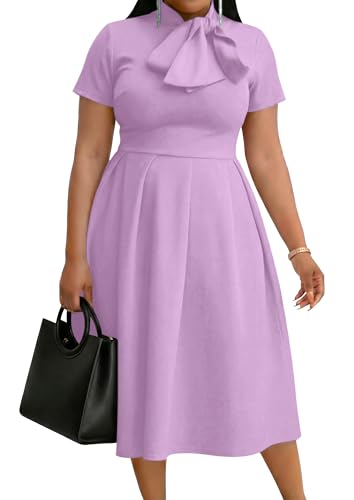 Image of FANDEE Midi Dress for Women Casual Short Sleeve A-line Semi Formal Fit and Flare Dress Classy Tie Neck Work Business Dresses
