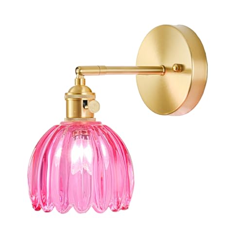 Image of Hardwired Wall Sconce Light, Vintage Wall Sconce with Switch, Gold Wall Light Fixture with Tulip Ruby Red Glass Lampshade, Indoor Wall Light for Bedroom Bathroom, Bedside Wall Lamp