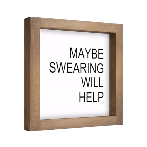pechpell Funny Desk Signs, 6 Inch Wooden Maybe Swearing Will Help Sign, Rustic Office Decor for Cubicle Table Shelf Farmhouse Home Decorations