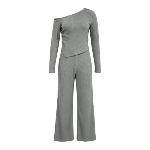 Image of Knitted Lounge Wear Sets for Women Uk 2 Piece Off Shoulder Soft Co Ord Sets Long Sleeve Asymmetrical Hem Top Wide Leg High Waisted Pants Tracksuits Slim Casual Travel Outfits