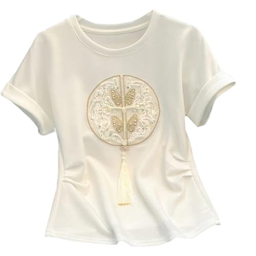T-shirt chinois femme en coton haut brodé ample à manches courtes pour l'été