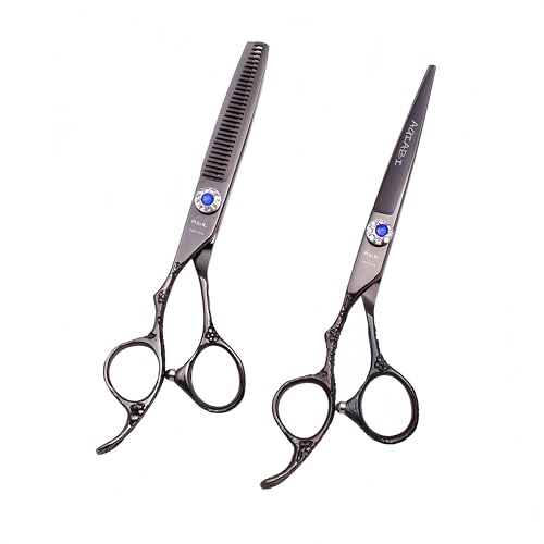 AQIABI Hair Cutting Scissors and Thinning Shears, 6 inch, Left-Handed, Japanese 440C, Super Sharp Barber Shears, Ergonomically Designed for Professional Hairdresser or Home Use (Black)