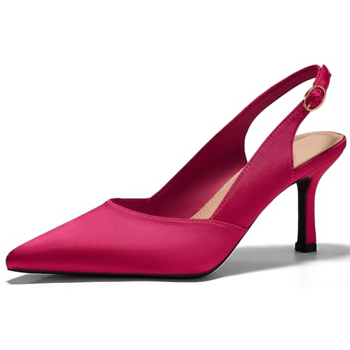 GotSoft Women's Slingback Kitten Heels Closed Pointed Toe Pumps Wedding Party Dress Shoes, Satin Rose Red, Size 8