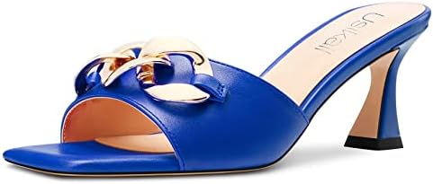 Usikall Women Chunky Block Mid Heel Square Toe Mules Shoes Slip-on Metal Chain Prom Basic Classic 2.6 Inches Heels Blue 10 M US
