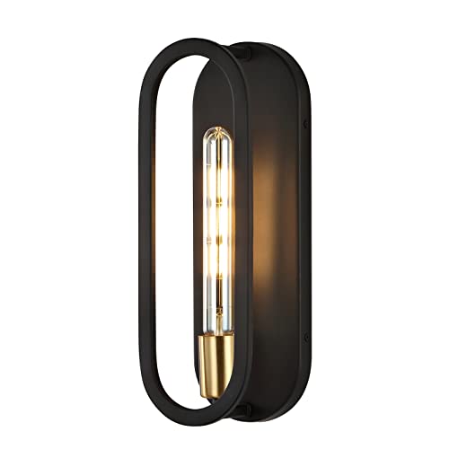 JONATHAN Y 4.75" Black/Brass Gold LED Wall Sconce, 1-Light Mid-Century Lamp for Bathroom Vanity, Bedroom, Hallway, Dimmable Bohemian Metal Fixture, LED Bulb Included (JYL9917B) by JONATHAN Y - Used condition - US$20.75