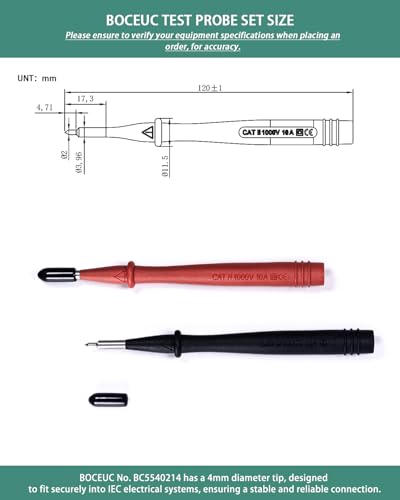 Image of Slim Reach Test Probe Set with Stainless Steel Tip, 1000V Voltage, 10A Current, 4mm Tip Diameter for Multimeter Leads