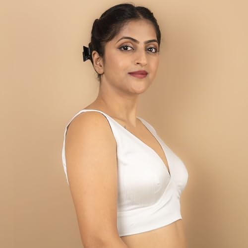 Image of FIGURE'S DESIGNER Women's Dupion Raw Silk Sleeveless V Neck Sabyasachi Cut Readymade Saree Blouse Padded Stitched S4