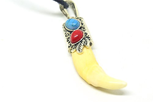 Leder-Halskette mit Wolfzahn-Anhänger, handgefertigt, türkis