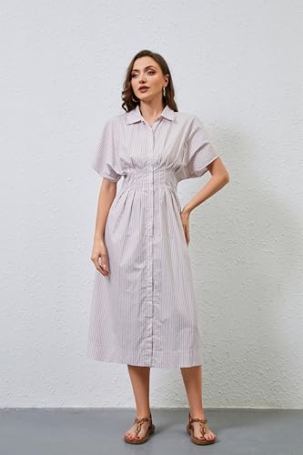 Image of Women Striped Button Down Shirt Maxi Dresses Summer Pleated Short Sleeve Collar Casual Corset Long Dress