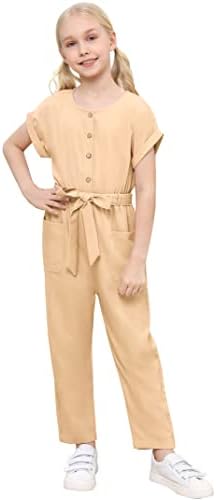 Kukume Girls Romper Button Down High Waist with Belt Solid Long Pant Jumpsuit with Both Side Pockets 9-10 Years Khaki
