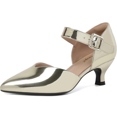 Image of RIBONGZ Comfortable Kitten Heels for Women Pointed Closed Toe Ankle Strap Buckle Heels Slip on Low Heel Church Pumps Wedding Bridal Party Dressy Shoes
