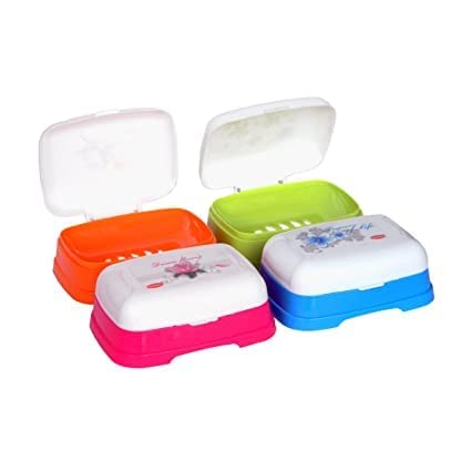 Dmitry Plastic Transparent Unbreakable Soap Case with Lid, Soap Holder, Soap Dish for Bathroom Kitchen Sink -Set of 2 (Multi Colors) 2
