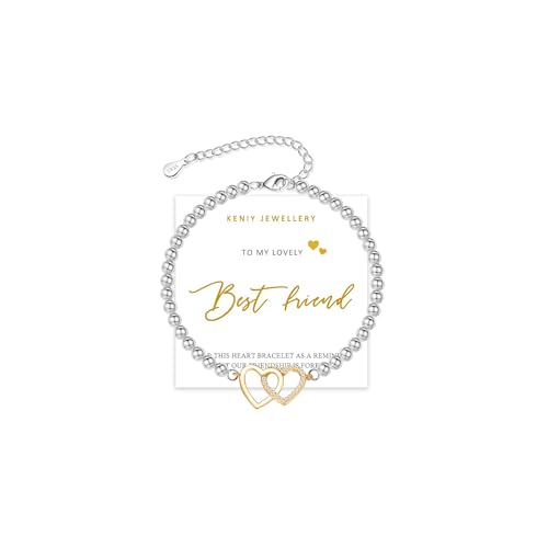 KENIY Best Friendship Bracelet S925 Sterling Silver Beads Bracelets with Gold Plated Love Hearts Pendant Meaningful Best Friend for Gifts Jewellery Birthday Gifts with Card