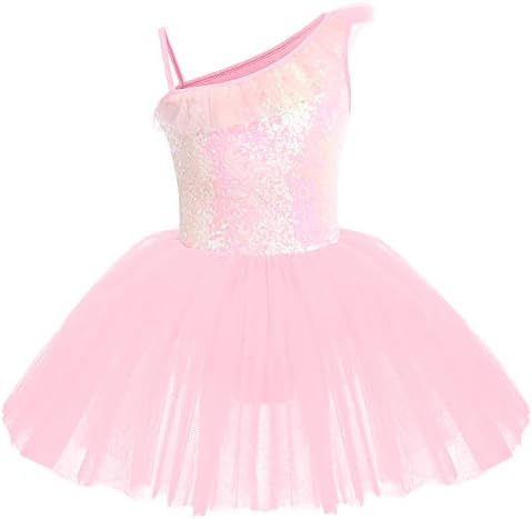 IWEMEK Little Big Girls Sequins Leotard Tutu Ballet Dress Sleeveless Ruffled One Shoulder Gymnastics One Piece Kids Dancewear Camisole Skirt Skating Ballerina Performance Costume