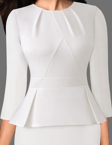 Image of VFSHOW Womens Pleated Crew Neck Peplum Slim Work Business Dress Elegant 3 /4 Sleeves Office Church Bodycon Pencil Sheath Dress