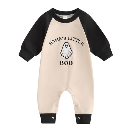 Newborn Infant Baby Boy Halloween Outfit Long Sleeve Ghost Embroidery Romper Mamas Little Boo Jumpsuit Playsuit (Apricot, 0-3 Months)