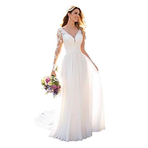 Nanger Robes de mariée col en V et manches longues en mousseline de soie Style bohème, Blanc., 36