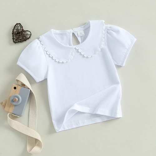 Toddler Baby Girls Ruffle Doll Collar Shirt Puff Short Sleeve Basic Solid Color Top Blouse Tee3
