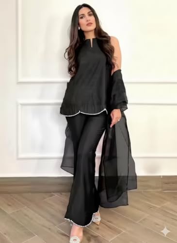 Image of Women's Teal Chiffon Kurta with Dupatta and Palazzo Pants, 3-Piece Ethnic Suit Set