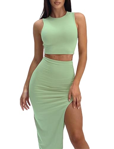 Image of FAIMILORY Women's Summer Two Piece Dress Set, Long Skirt with Crop Tank Top