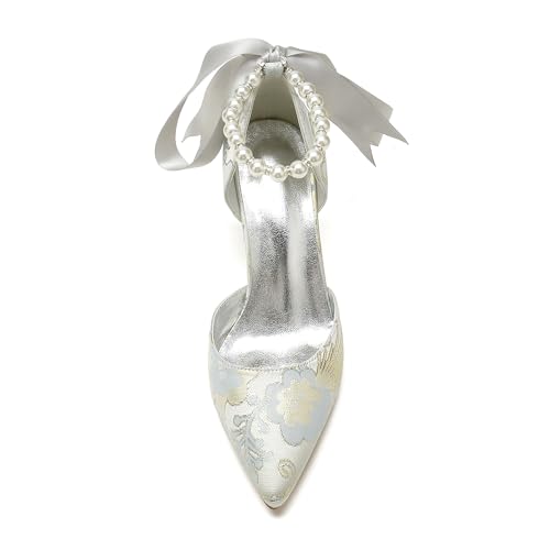 Women's Floral Satin Stilettos Pointed Toe Pump Heels Pearl Bridal Shoes Prom Party Dress Wedding Shoes4