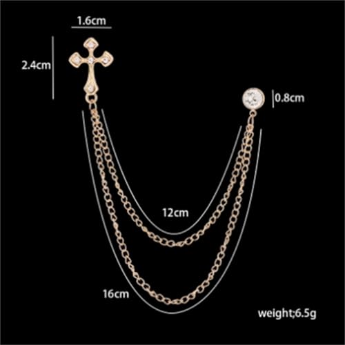 Image of 2PCS Crystal Hanging Chain Brooch Suit Pin for Men Women Vintage Crown Cross Star Diamond Broochs Gold and Silver Wedding Brooch for Clothes Dress Hats Bags Accessory