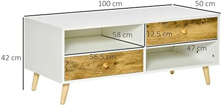 HOMCOM Coffee Table Rectangular End Table Side Table with 2 Drawers and 2 Shelves for Living Room, Bedroom, Office, White and Brown
