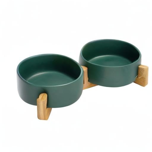 SPUNKYJUNKY Hundenapf Keramik Doppel Hund Futternapf mit Bambus Ständer für Katzen und Hunde (400ml, 1-Grün)