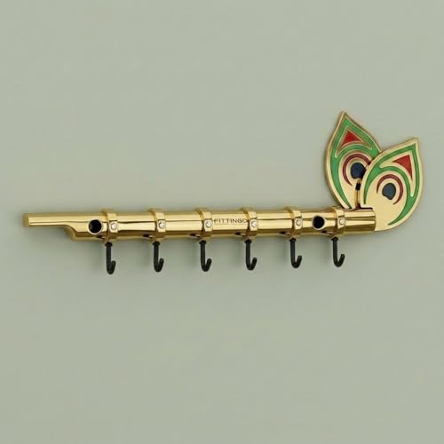 Image of Big Brass Antique Krishna Flute for Key Holder /Key Stand /Keys Hanger Hook /Key Holders for Wall Stylish /Keys Rack Hook /Key Hanging Hooks - Home Decor, Wall Mount - 6 Hooks (Gold)