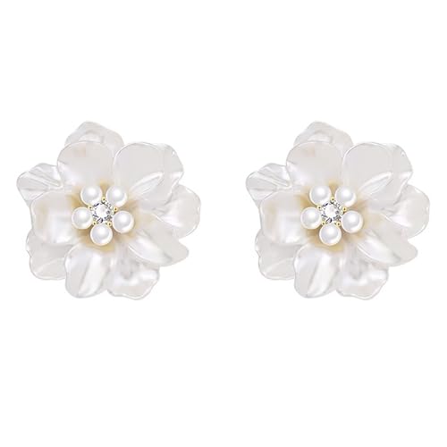 HETICA Classy Pearl Flower Stud Earrings for Women, Simplicity Flower White Pearl Camellia Stud Earrings Cubic Zirconia Earrings Jewelry Gifts