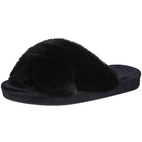 Shevalues Fuzzy House Slippers For Women Cross Band Fluffy Bedroom Slippers With Arch Support, Black 9.5-10 #TOP1