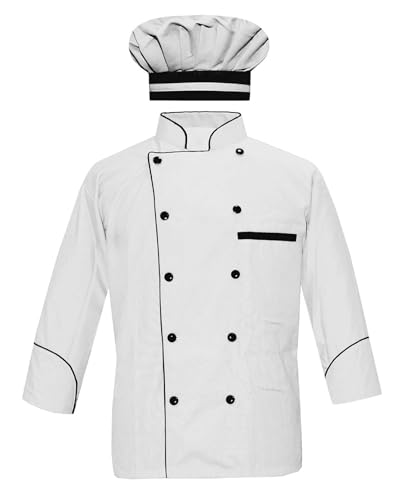 Men's Chef Jacket Full Sleeve Multi Color Chef Coat in Black Piping With Free Chef Cap (White, Large)