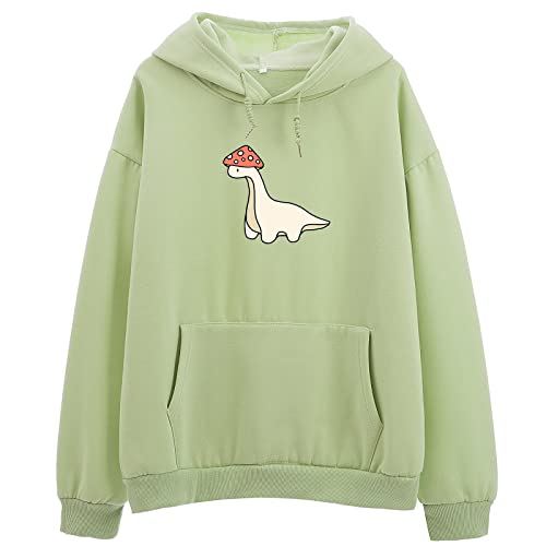 Weetiotio Oversized Cute Mushroom Dino Print Hoodies for Womens Kawaii Cartoon Sweatshirt Teen Girls Cotton Fleece Sweaters (Green 2XL XX-Large)