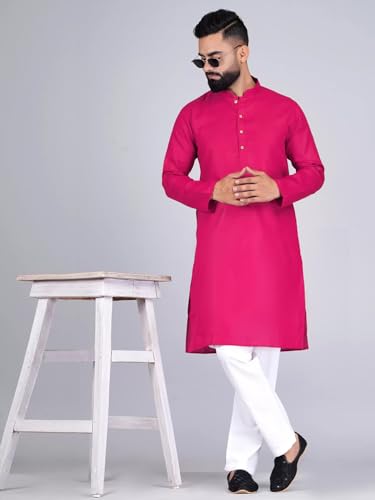 Image of Pinkmint Kurta for Men Cotton Mandarin Collar Long Sleeve Soild Traditional Kurta Festival Kurta