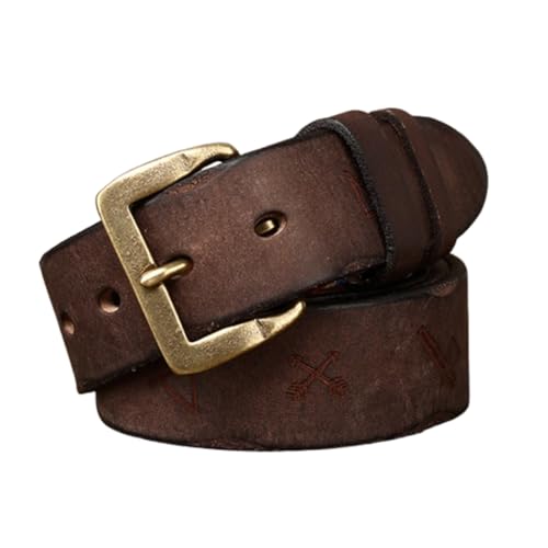 Men Durable Full Grain Leather Classic Belt,Engraved Vintage Pattern W/Rugged Antique Solid Brass Hardware Buckle