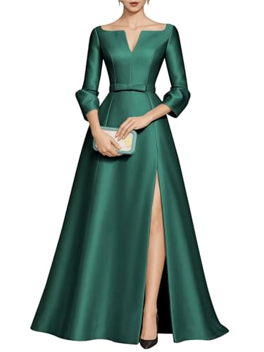 Satin Mother of The Bride Dresses for Women Long Sleeve V Neck Formal Wedding Guest Dresses with Slit
