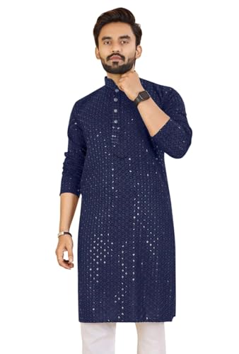 Image of Men's Lakhnawi Chikankari Kurta Set Cotton Ethnic Kurta Pajama for Men Wedding Festive Designer Indian Outfit Stylish Embroidered Kurta Set