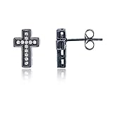 Sterling Silver Black Rhodium Plated Micropave Cross Stud Earrings for Women | Multiple Styles of Cross Stud| Secure Friction Back Closure | 14k Plated Shiny Classic Earrings