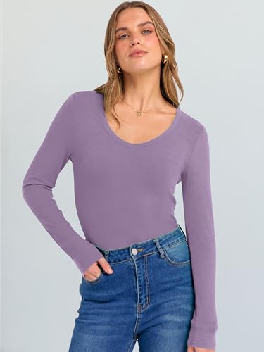 Image of ANRABESS Long Sleeve V Neck Shirts for Women | Soft Comfy Ribbed Knit Fitted Tshirts, Casual Going Out Tops, 2026 Trendy Basic, Fall Winter Underscrub Layering Clothes