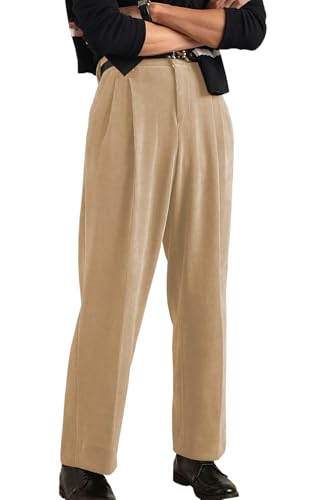 Mens Corduroy Pants Vintage Casual Straight Leg Classic Fit Pleated Dress Pants
