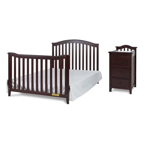 Image of Pemberly Row Solid Wood 4-in-1 Convertible Crib & Changer, Espresso Finish, Includes Changing Pad, 3 Drawers & Shelves, Adjustable Mattress Support, Space-Saving Nursery Furniture for Baby Room