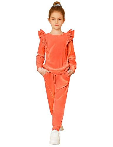 Image of Arshiner Girls 2 Piece Outfits Velour Tracksuit Ruffle Sweatshirt Sweatpant