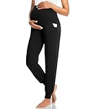 HIGHDAYS Soft Maternity Pants with Pockets, Over Belly Comfy Maternity Leggings, Thick Pregnancy Joggers Sweatpants for Fall Winter Black XL