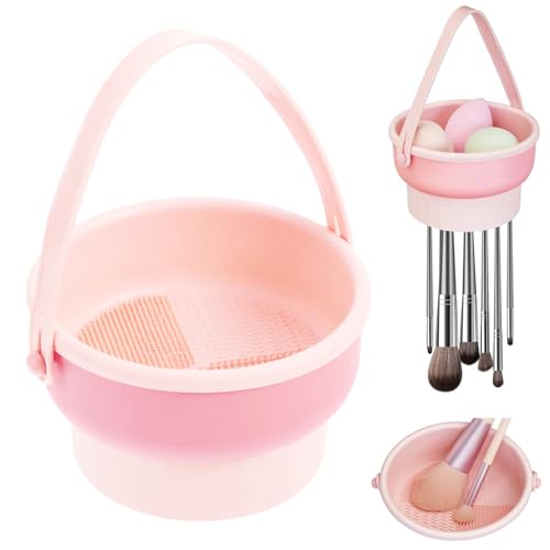 Pinselhalter Make up Pinselreiniger Multifunktional 3-in-1 Silikon Pinselreiniger Make up Makeup Pinsel Reinigungsmatte mit Lanyard zu trocknen Makeup Schwamm Puderquaste Pinsel(Rosa)
