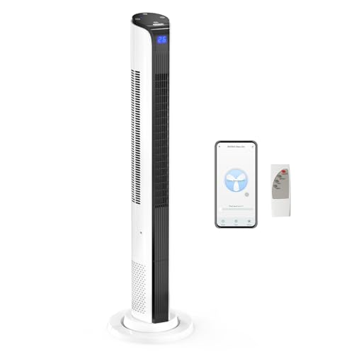 ROVSUN 42in Tower Fan with Remote & APP Control, Smart Bladeless Floor Fan with 3 Modes 3 Speeds, Digital Display and Oscillating, 12H Timer, Standing Fan for Home, Office, Bedroom
