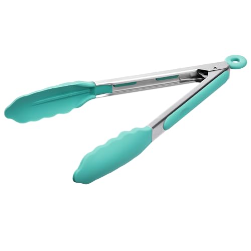 Doosu Kitchen Tongs with Silicone Tips for Cooking Serving (9in, Aqua Sky)