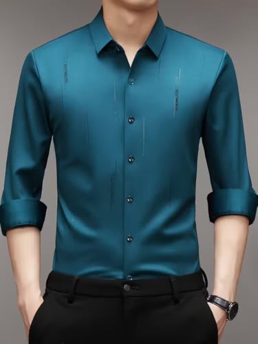 Image of IndoPrimo Men's Regular Fit Satin Designer Shirt with Stylish Vertical Line Sequence | Long Sleeve Formal & Casual Button Down Shirt for Casual and Party Look